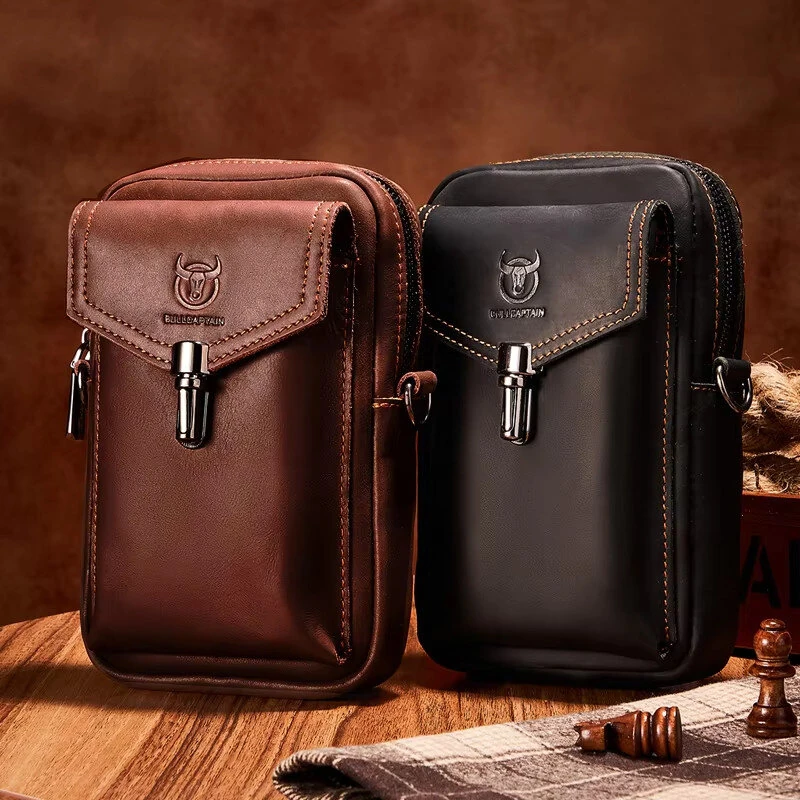 (image for) BULLCAPTAIN Genuine Leather Men's Waist Bags Crossbody Bages Multifunctional 7-inch Mobile Phone Practical Bag for Male Casual Shoulder Messenger Bages